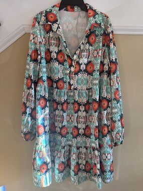 SHEIN Teal and Orange Printed Long Sleeve Tiered Dress